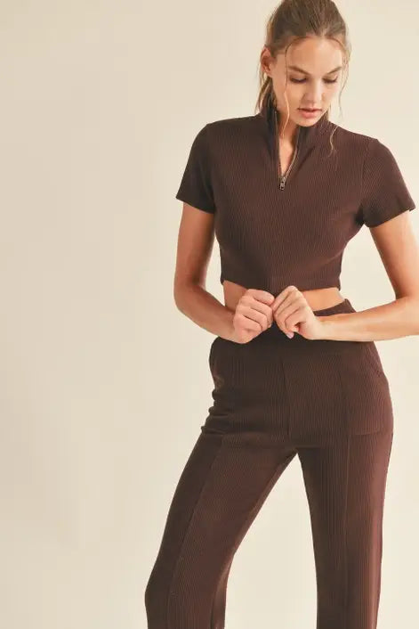 Mocha Ribbed Half-Zip Cropped Top & Flare Pants Set