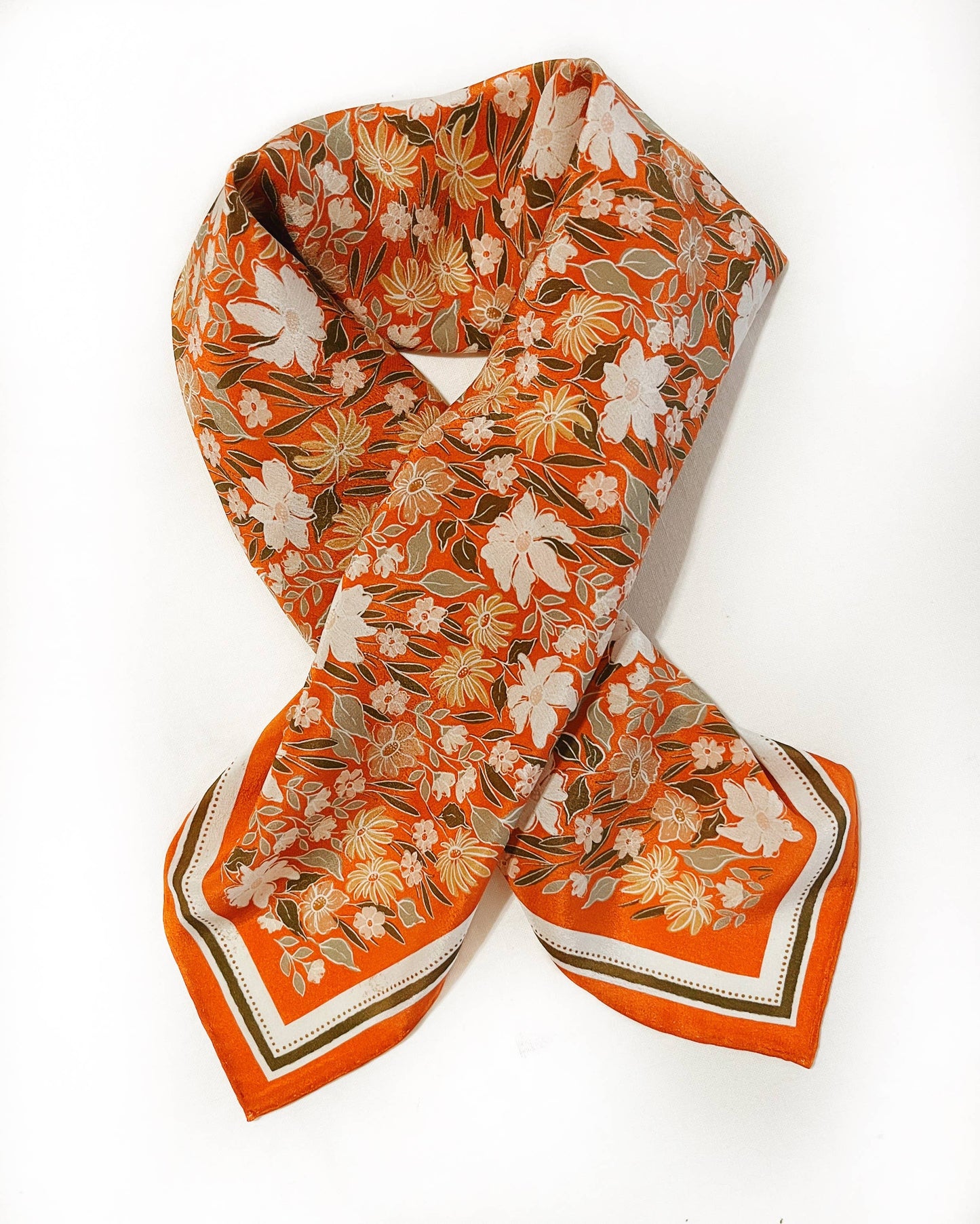 100% Silk Bandana Scarf - Orange Garden of Flowers and Stripes