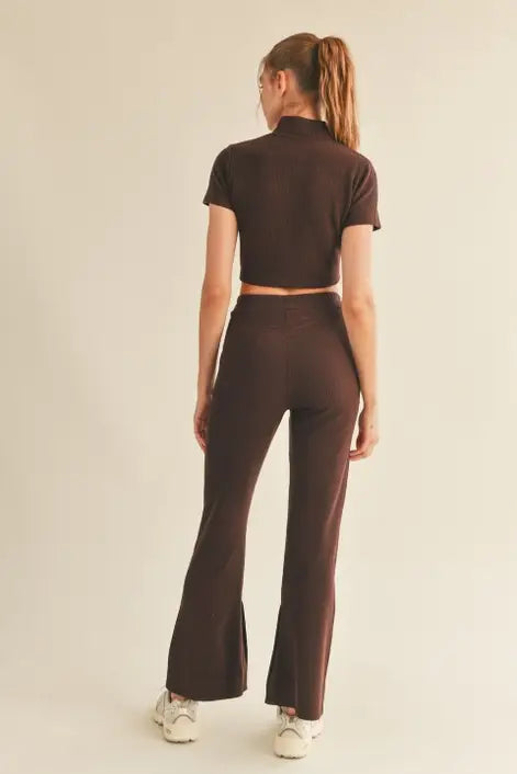 Mocha Ribbed Half-Zip Cropped Top & Flare Pants Set