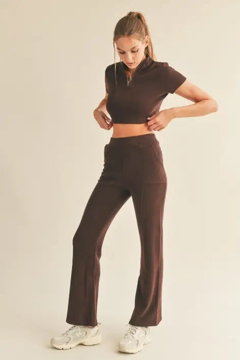 Mocha Ribbed Half-Zip Cropped Top & Flare Pants Set