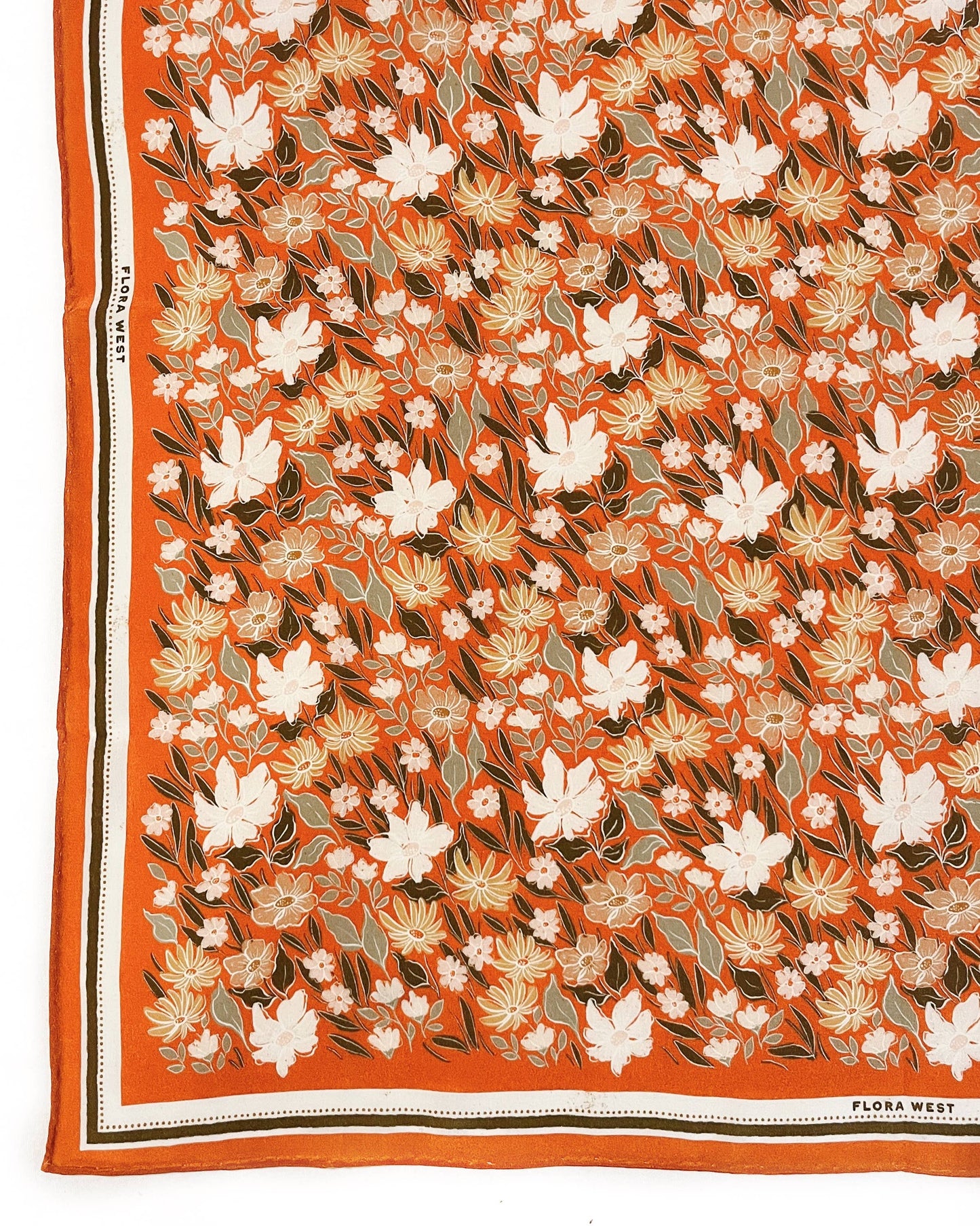 100% Silk Bandana Scarf - Orange Garden of Flowers and Stripes